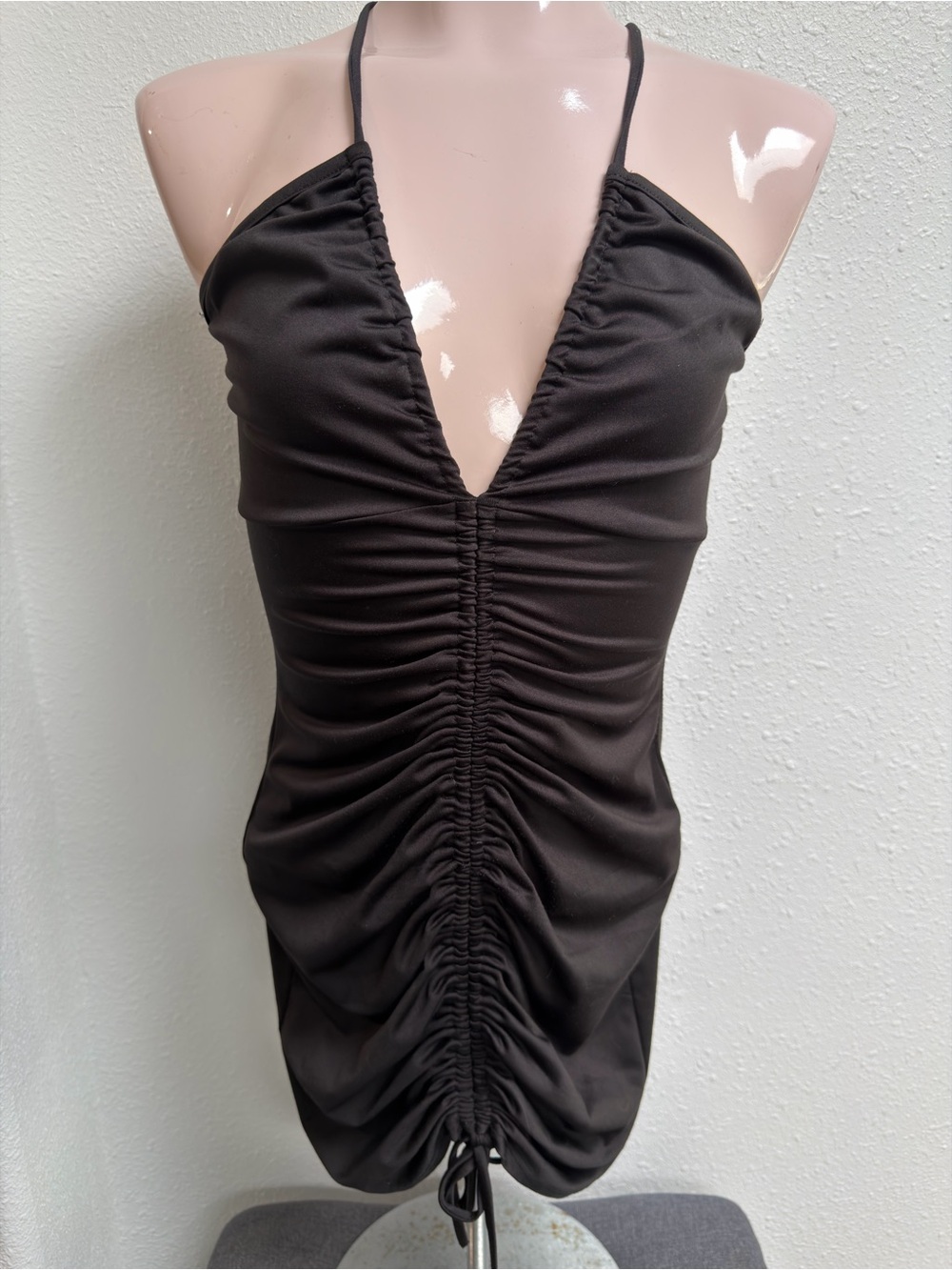 Studio 1011 Black Ruched Plunge Halter Bodycon Mini Dress Y2K S
